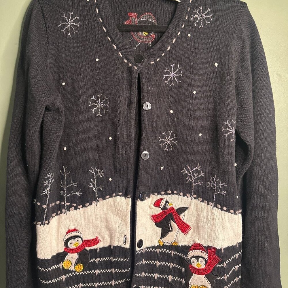 Vintage Women’s M Black Cardigan Snowflakes Snowman Print Novelty Holiday Winter